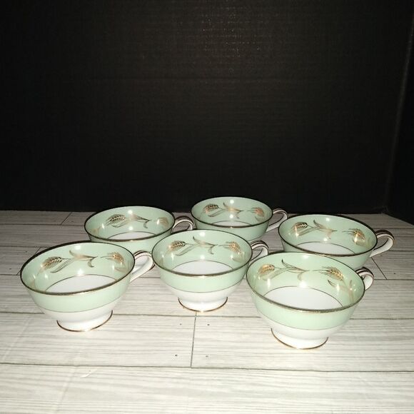 Noritake China 5267 Alice Tea Cups Set Of 6 Wide Green Border Gold Wheat Print - Picture 1 of 9